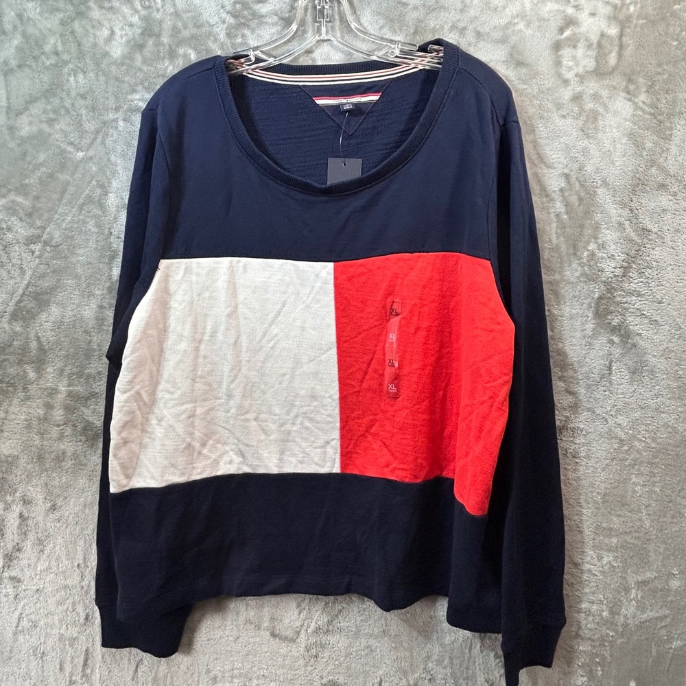 NEW Tommy Hilfiger Women XL Colorblock Sweatshirt Navy Red White Cotton Crewneck - Picture 1 of 10